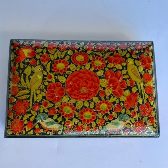 Vintage Russian Lacquer Wood Trinket Box Birds Flowers - Picture 1 of 8